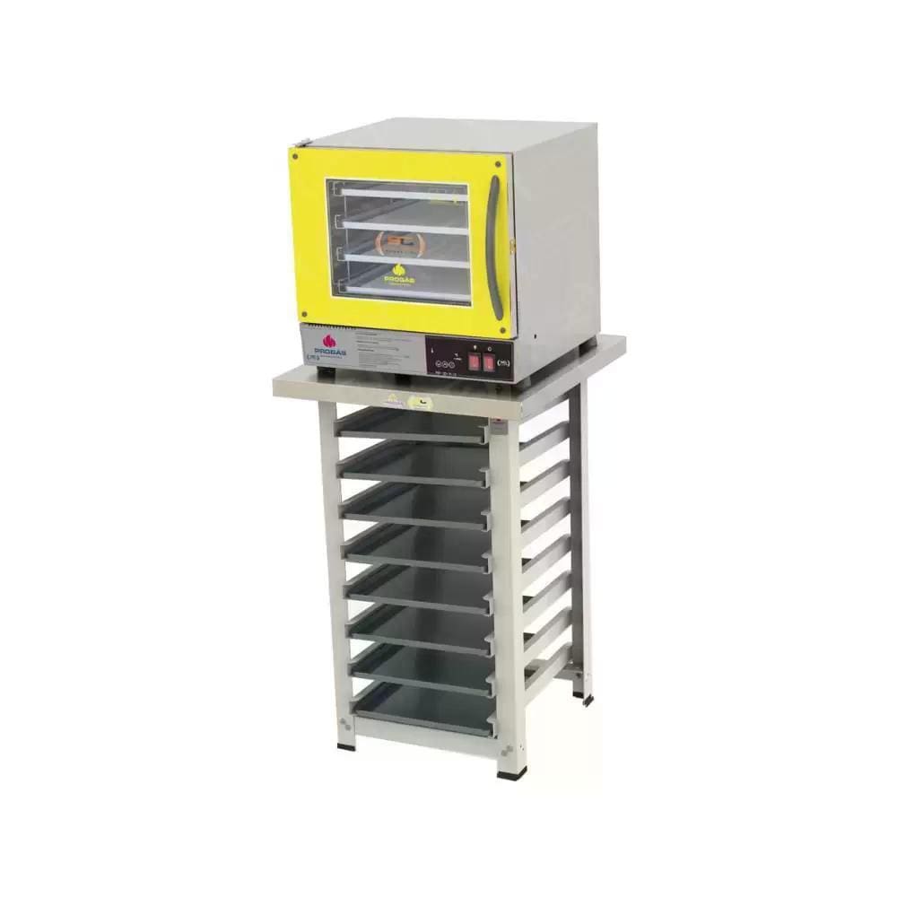 Kit - Forno Turbo Elétrico Fast Oven PRP-004 Plus 127V Amarelo + Bancada MES-004 + 8 Assadeiras - Progás
