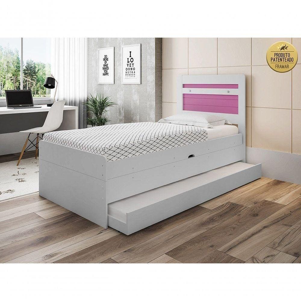 Cama Baú Solteiro Branco Rosa Com Auxiliar E Colchões