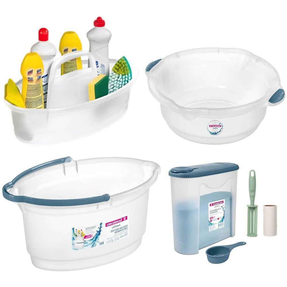 Kit Balde Bacia Cesto Oval Porta Sabão Em Pó Dosador Rolo Adesivo Plástico Limpeza Casa - Sanremo