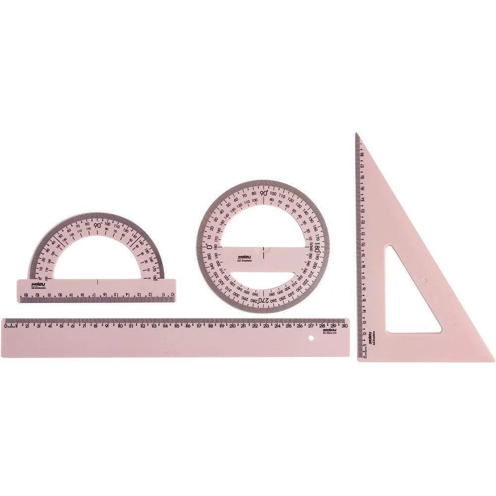 Kit 2° Grau Régua 30cm + Esquadro 60º + Transferidor 180º e 360º New Line Tons Pastel Waleu