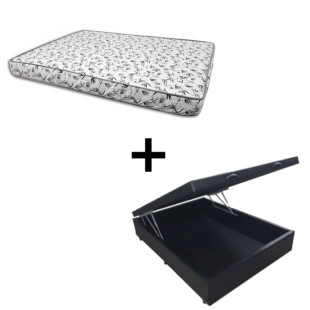Cama Box Baú Casal 138 - Tecido Sintético Preto Com Colchão Nápoles Bello Box - 100% Espuma - Branco D33 55x138x188