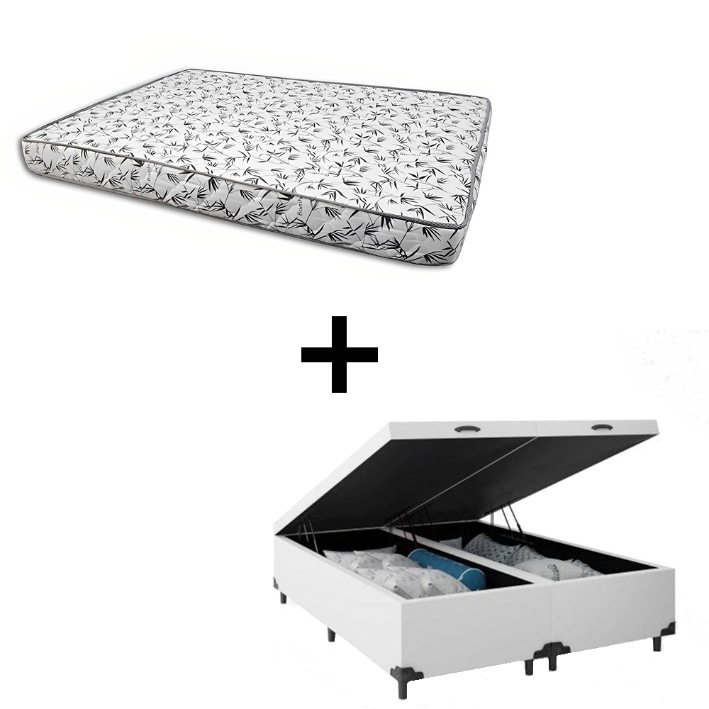 Cama Box Baú Casal 138 Bipartido - Tecido Sintético Branco Com Colchão Nápoles Bello Box - 100% Espuma - Branco D33 55x138x188