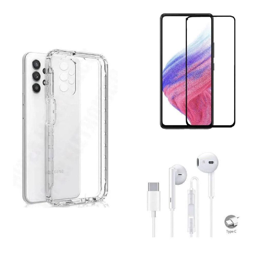 Kit Capa Transparente Samsung A33 5G + Fone de Ouvido Tipo C + Película Vidro 3D