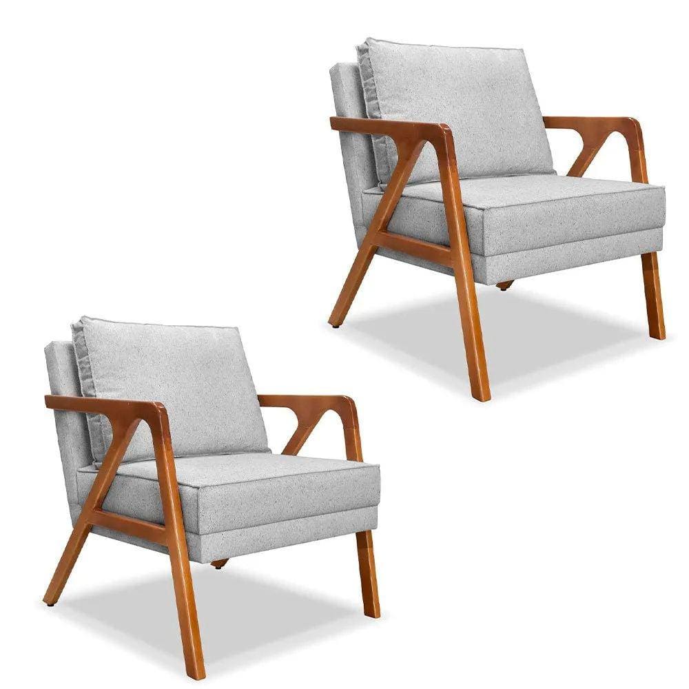 Kit 02 Poltronas Decorativa Laura Linho Base Madeira - SSX Multicoisas