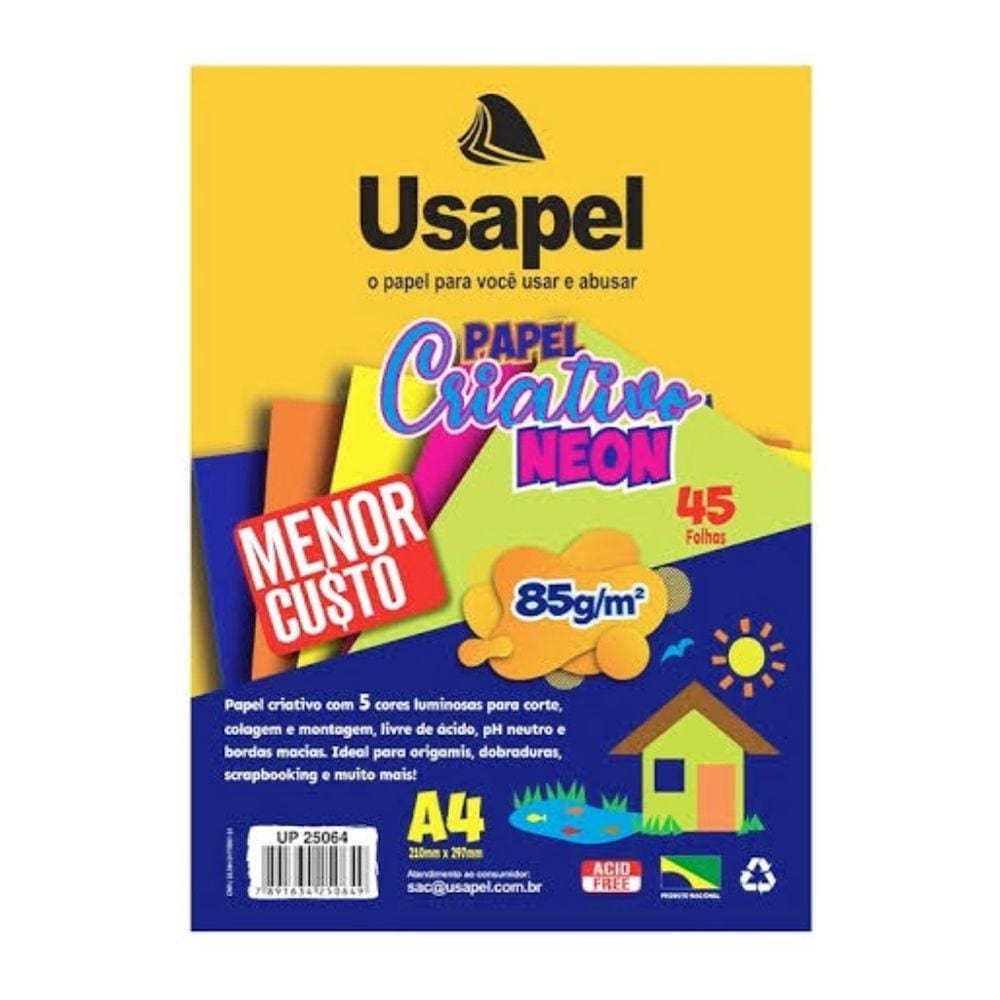 Papel Criativo Neon Colorido A4 85g 45 Folhas 5 Cores Usapel