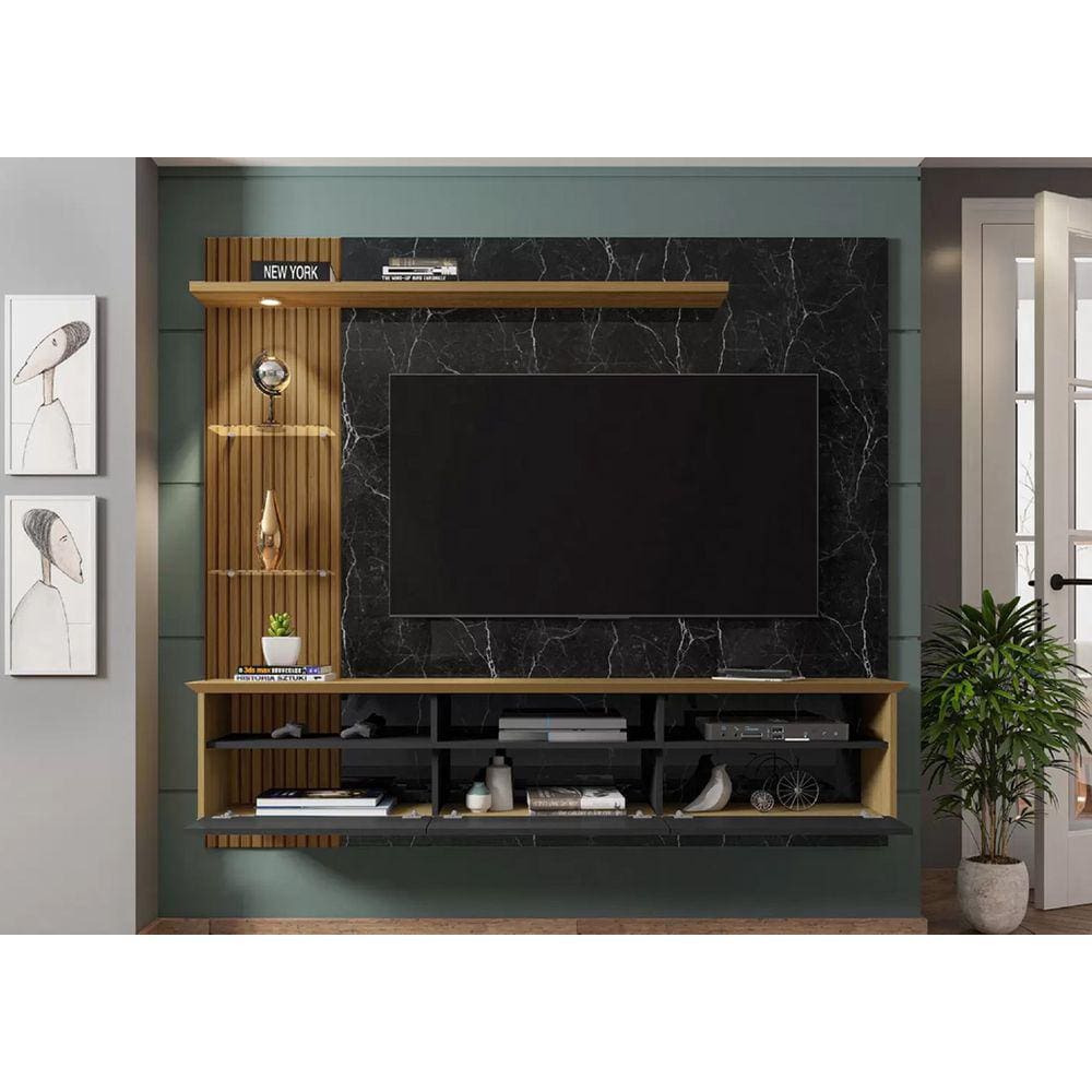 Painel TV até 60\" Polegadas 3 Portas 2 Nichos Nero/Preto/Canela Móveis Bechara Trend 161x180x33