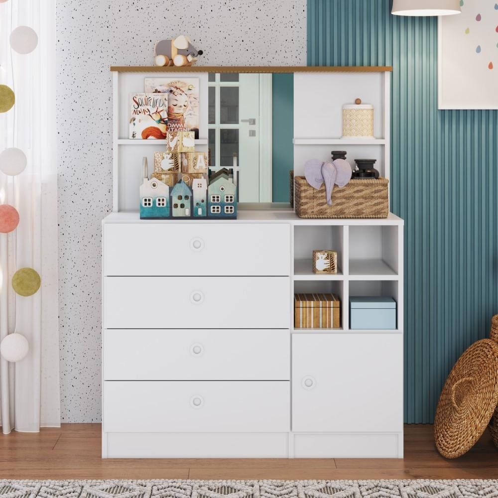 Cômoda Gaveteiro Penteadeira Infantil Com Espelho House 1 Porta 4 Gavetas Quarto Branco