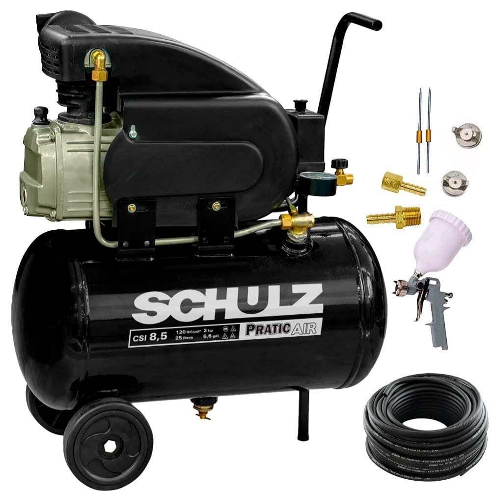 Compressor Ar 8,5pés Pro 25l Schulz + 10m Mang E Kit Pintura