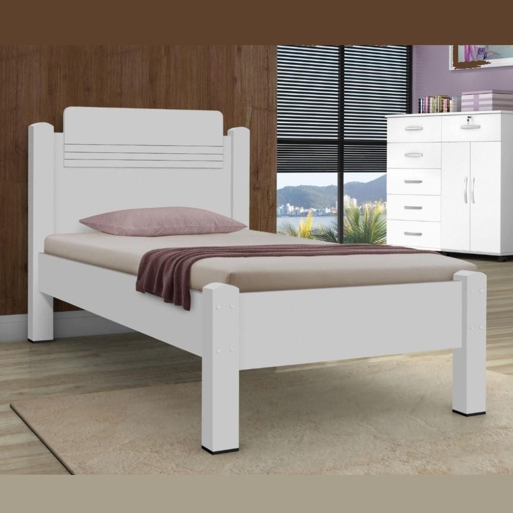Cama Solteiro Com Cabeceira Confortável Grande Quarto Dormitório Moderno MDF Branco