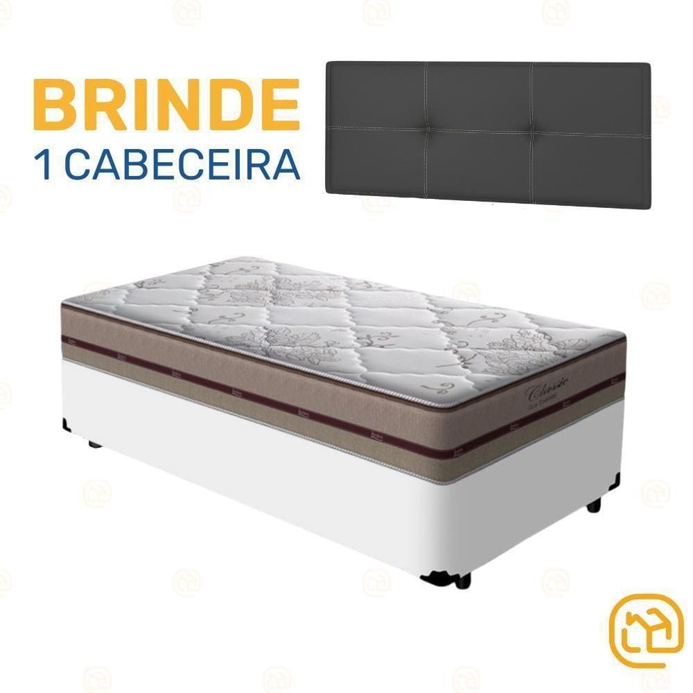 Box Solteiro Branca/Cabeceira Preta/Colchão Molas Ensacadas