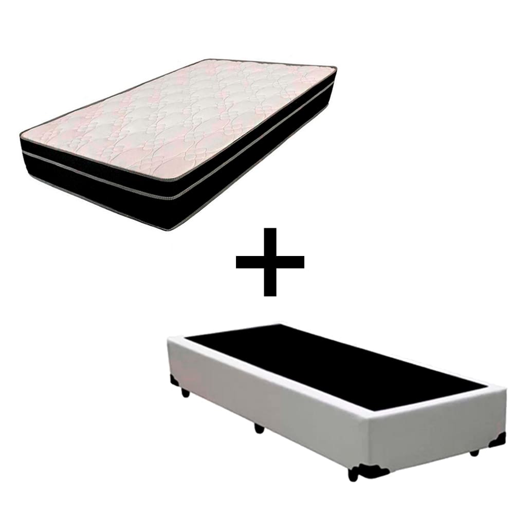 Cama Box Solteiro 88 - Tecido Sintético Branco com Colchão Paris Bello Box - Molas Ensacadas Preto 56x88x188