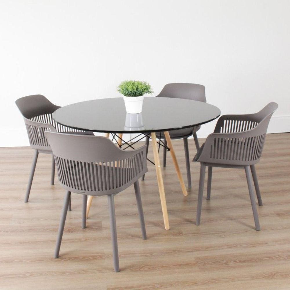 Conjunto Sala de Jantar Mesa Eiffel Redonda 120cm Tampo MDF com 4 Cadeiras Marcela Rivatti Cinza