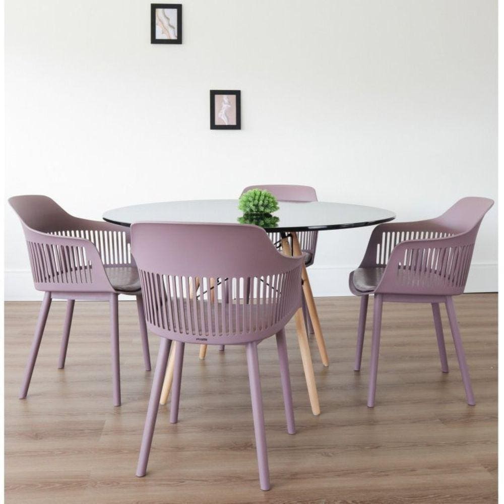 Conjunto Sala de Jantar Mesa Eiffel Redonda 120cm Tampo MDF com 4 Cadeiras Marcela Rivatti Camurça