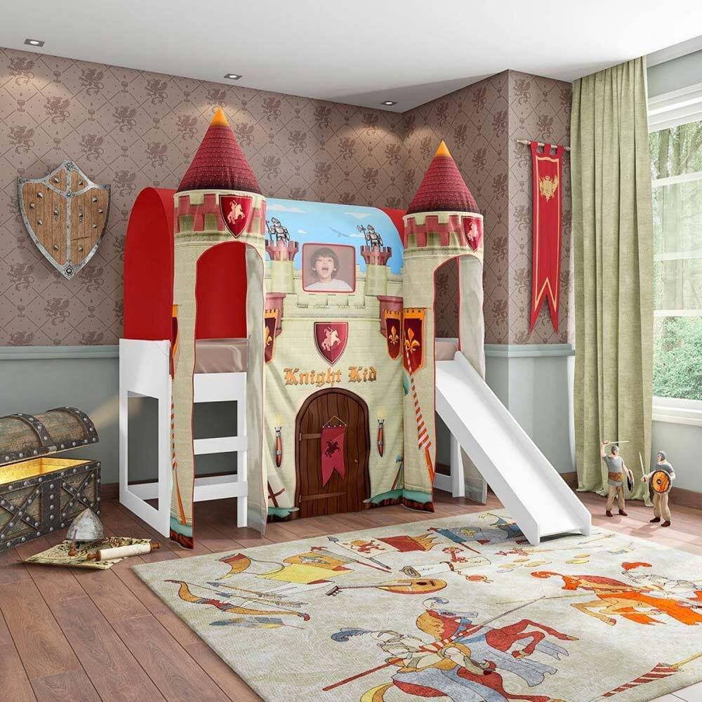 Cama com Escorregador Joy com Dossel Barraca Forte e 2 Torres Pura Magia Branco/Vermarromho