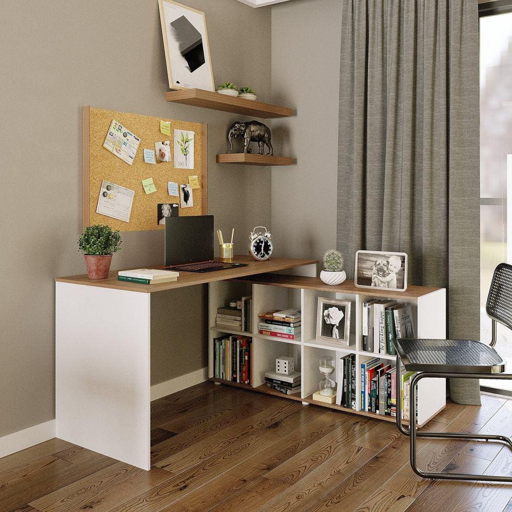 Mesa Escrivaninha Barcelona em L com 8 Nichos DRD Móveis Branco/Amadeirado Montana/ Perfect Wood