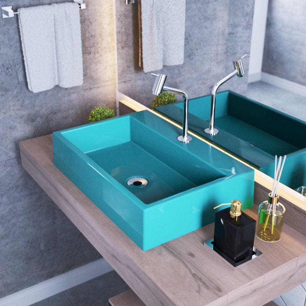 Kit Cuba RT55 Com Torneira Pratika 1060 Metal e Válvula 1 Polegada e Sifão Cromado e Flexível Compace Azul Turquesa