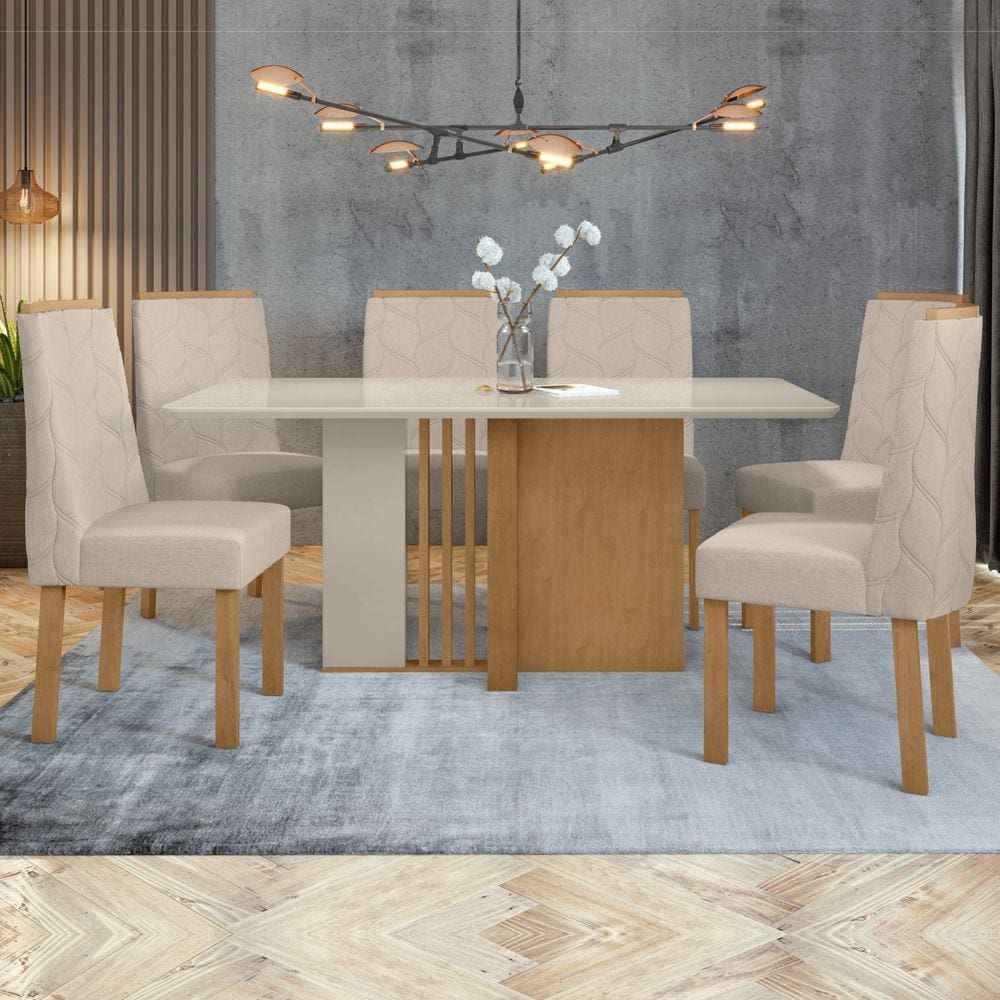 Conjunto Sala de Jantar Mesa 170x90cm Tampo MDF com 6 Cadeiras Astrid Móveis Lopas Amêndoa Clean/Off White/Bege