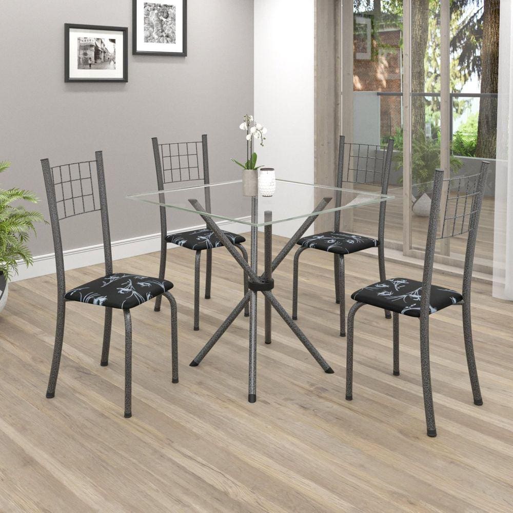 Conjunto de Mesa Tubular 70x70cm Tampo em Vidro com 4 Cadeiras Dany Soma Móveis Preto Floral/Martelado Prata/Incolor