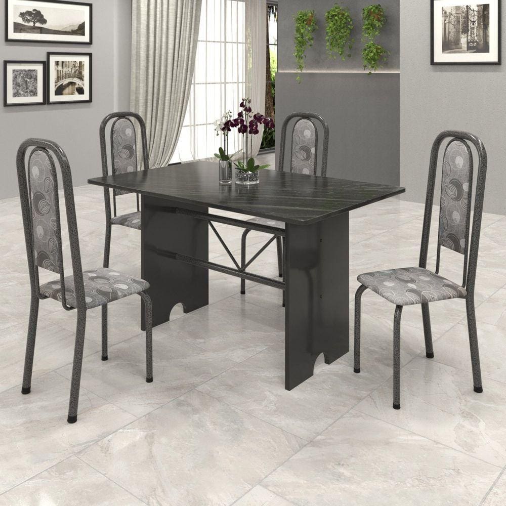 Conjunto de Mesa Tampo Ardósia 120x75cm com 4 Cadeiras Lavínea Soma Móveis Martelado Prata/ Ardosia Indiano/ Paraopeba