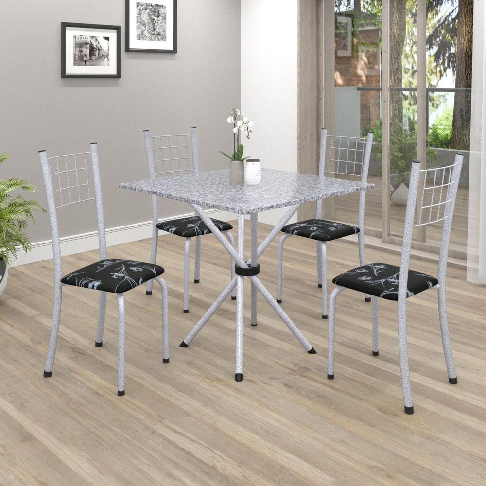 Conjunto de Mesa Tubular 70x70cm Tampo em Granito com 4 Cadeiras Dany Soma Móveis Preto Floral/Martelado Perola/Ocre