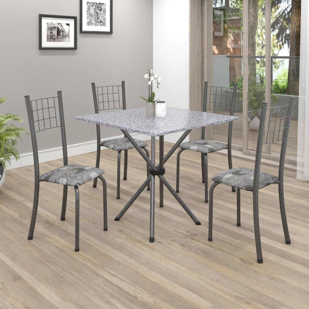 Conjunto de Mesa Tubular 70x70cm Tampo em Granito com 4 Cadeiras Dany Soma Móveis Paraopeba/Martelado Prata/Ocre