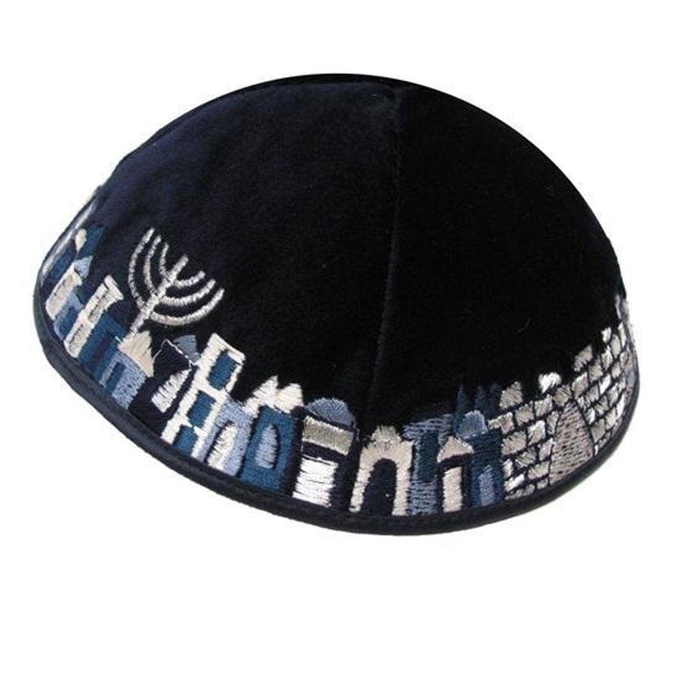 Kipa Judaico Veludo Preto - Menorah Jerusalém Bordada