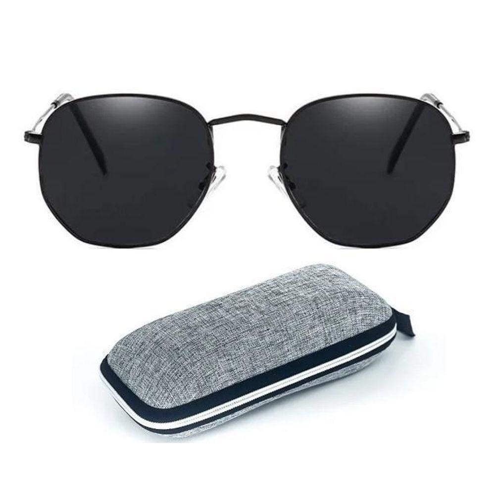 Óculos De Sol Hexagonal Preto Lentes Cristal Feminino
