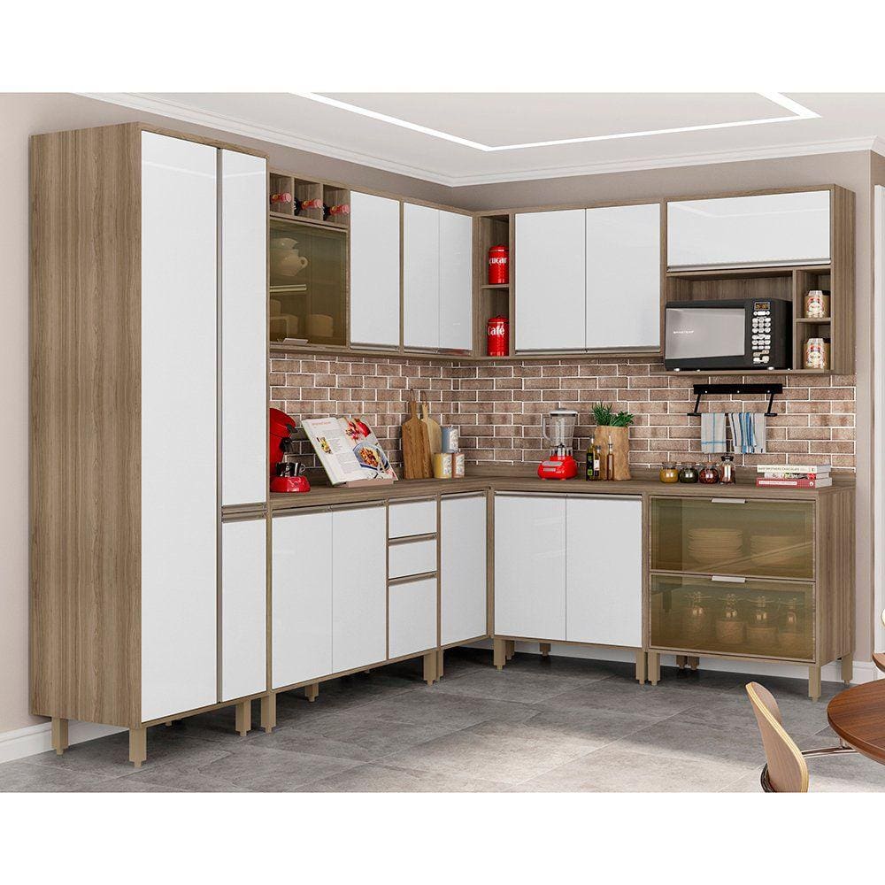 Cozinha Completa Modulada 10 Peças Armário e Balcão Vidro Reflecta Branco Laca Luciane Móveis