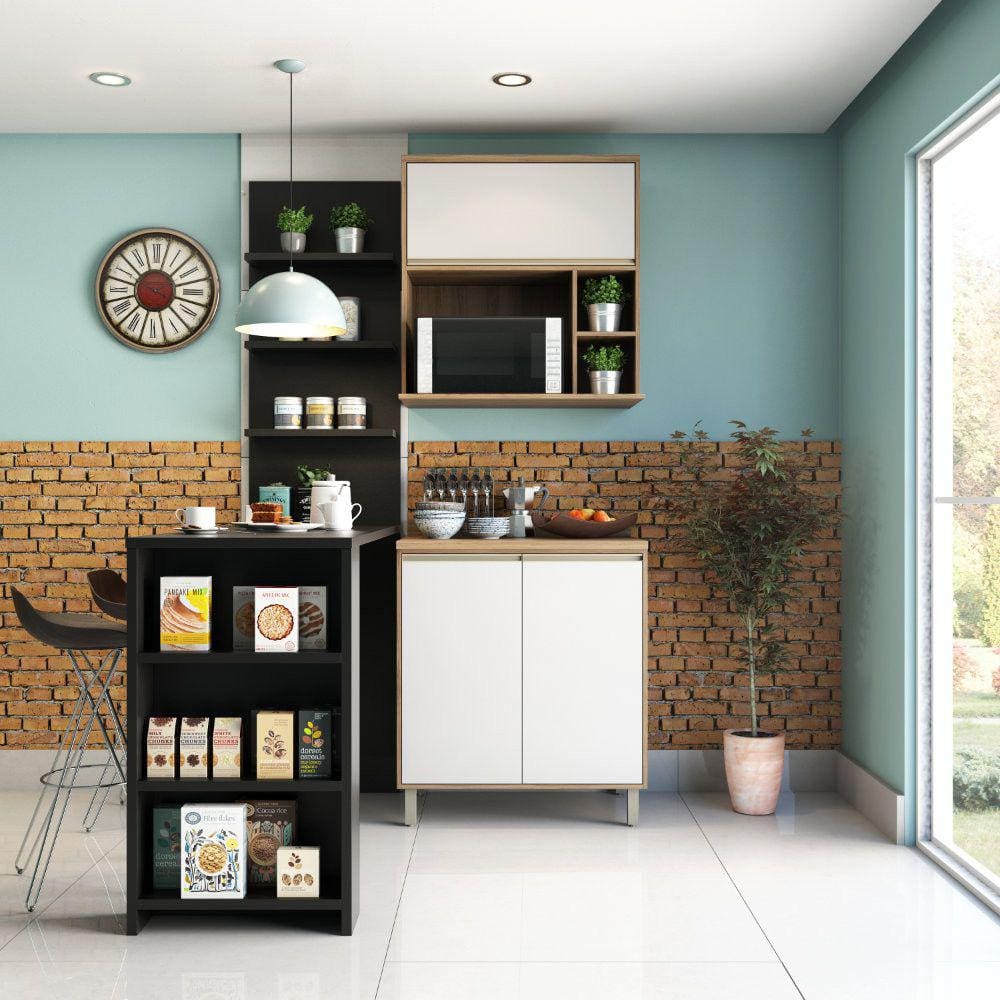 Cozinha Compacta 4 Peças com Bancada Mesa Gourmet Armário com Nicho Balcão 80cm Luciane Móveis