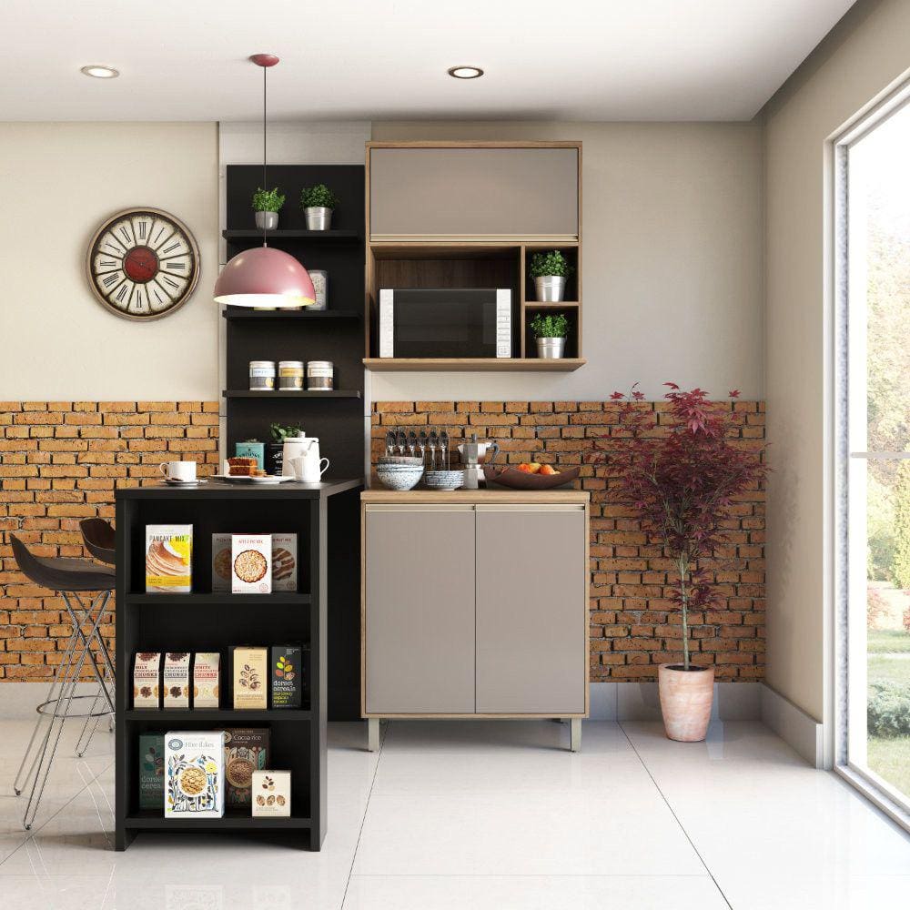 Cozinha Compacta 4 Peças com Bancada Mesa Gourmet Armário com Nicho Balcão 80cm Luciane Móveis