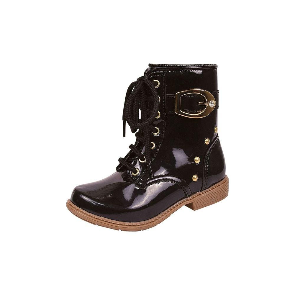 Bota Coturno Infantil Menina Cadarço Fivela Preta Verniz