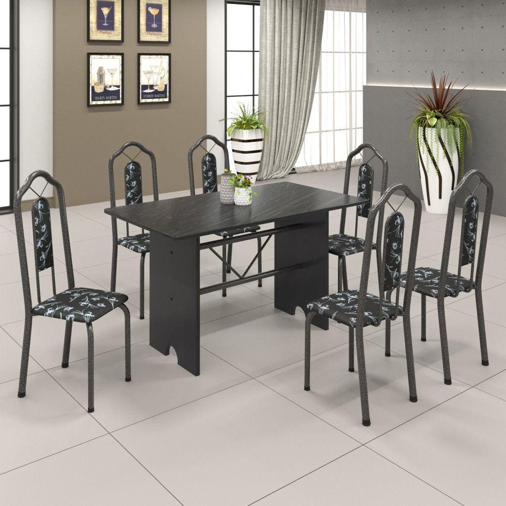 Conjunto de Mesa 140x75cm Tampo Ardósia com 6 Cadeiras Bianca Soma Móveis Martelado Prata/Ardósia Indiano/Preto Floral