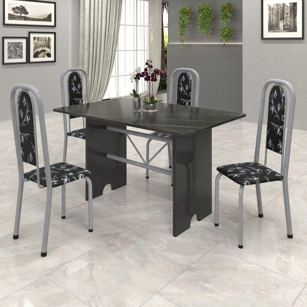 Conjunto de Mesa Tampo Ardósia 120x75cm com 4 Cadeiras Lavínea Soma Móveis Martelado Perola/ Ardosia Indiano/ Preto Floral