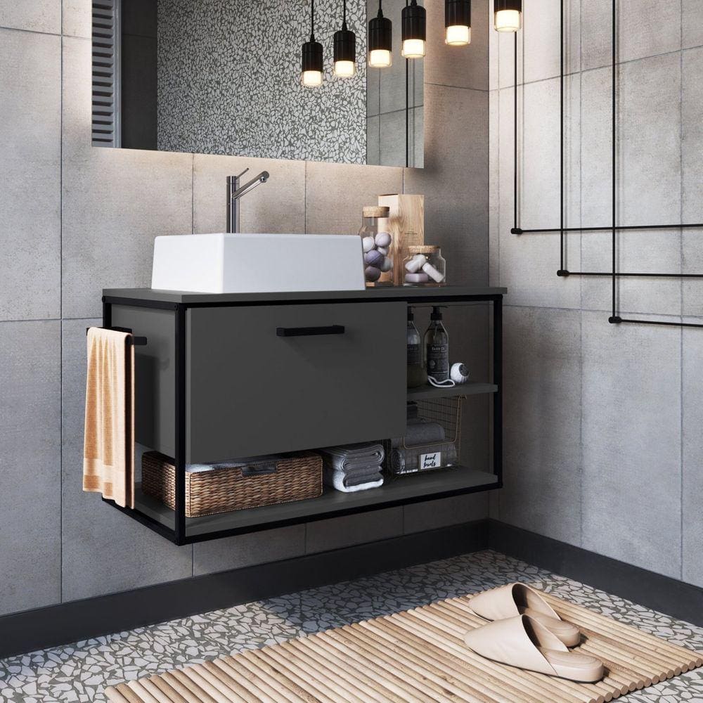 Gabinete Suspenso para Banheiro 80cm com Cuba Placa e Ponto Preto/Grafite