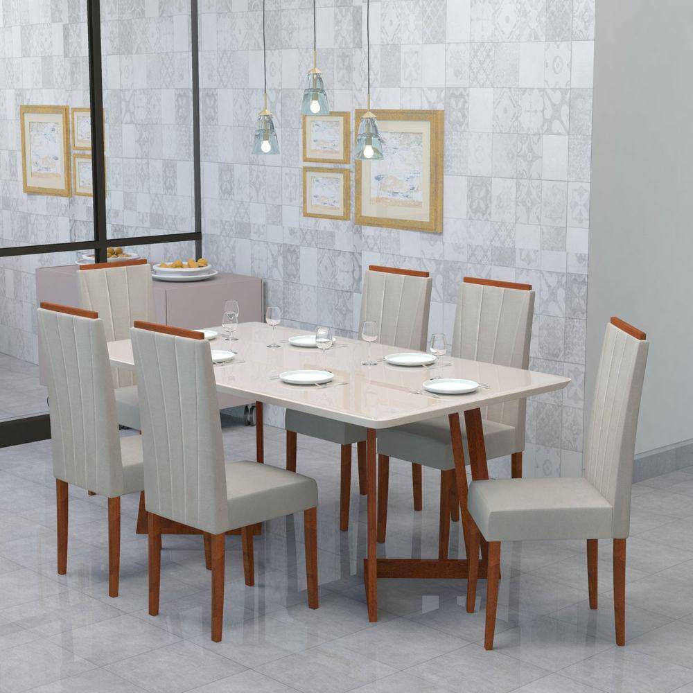 Conjunto Sala de Jantar 6 Lugares Madeira Eucalipto Ametista Móveis Meneghetti Caramarromo/Bege Claro