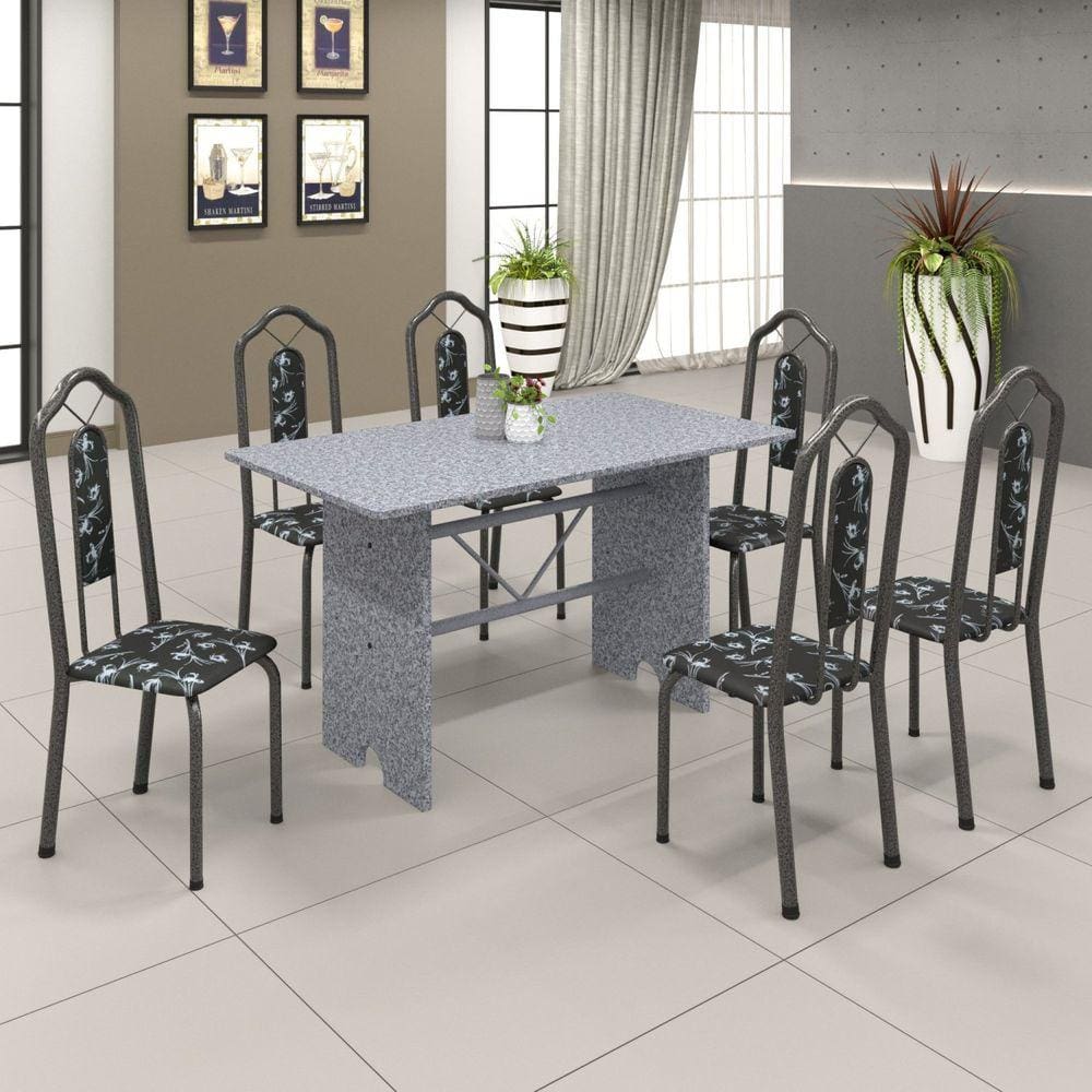 Conjunto de Mesa 140x75cm Tampo Granito com 6 Cadeiras Bianca Soma Móveis Martelado Prata/Granito Ocre/Preto Floral