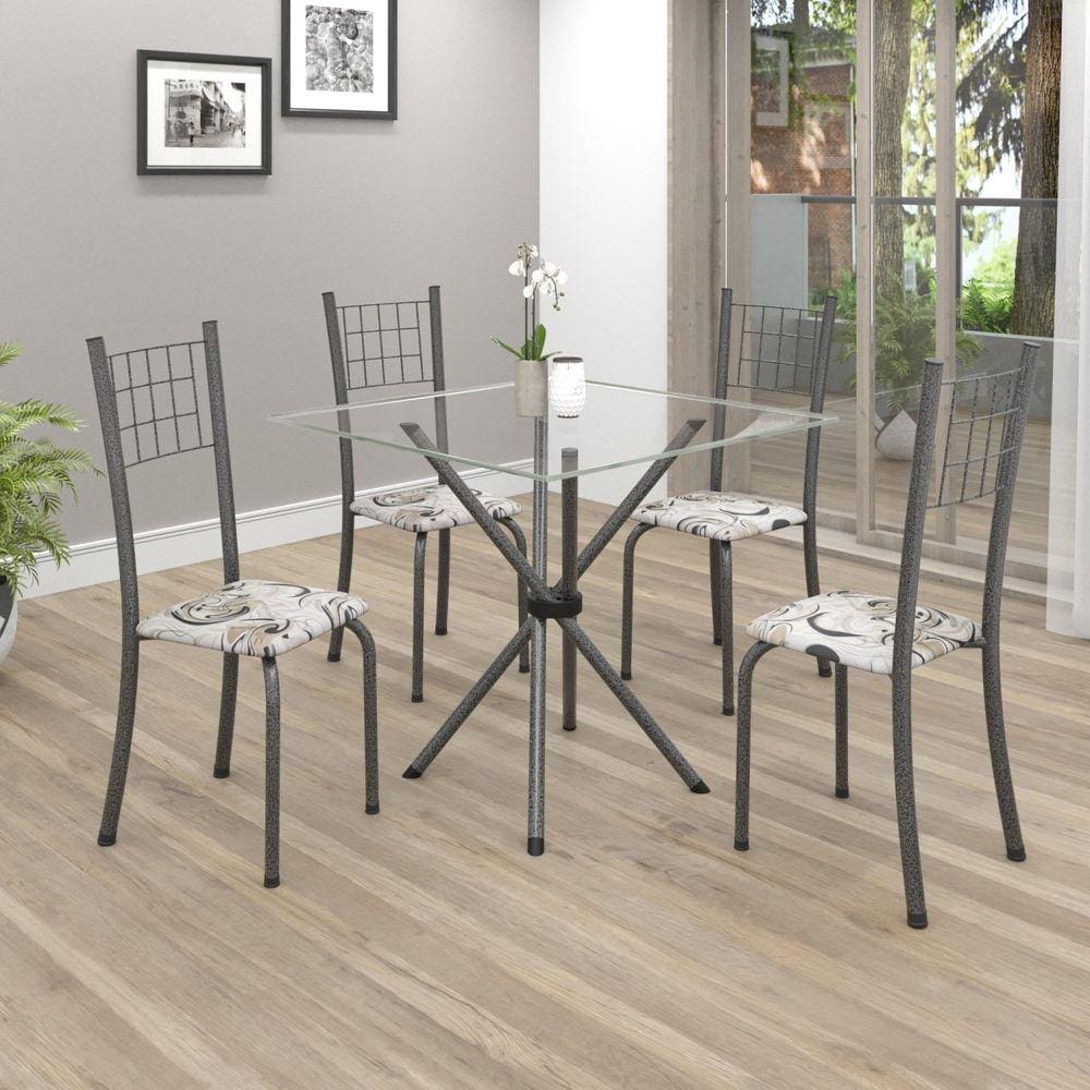 Conjunto de Mesa Tubular 70x70cm Tampo em Vidro com 4 Cadeiras Dany Soma Móveis Arabesco/Martelado Prata/Incolor