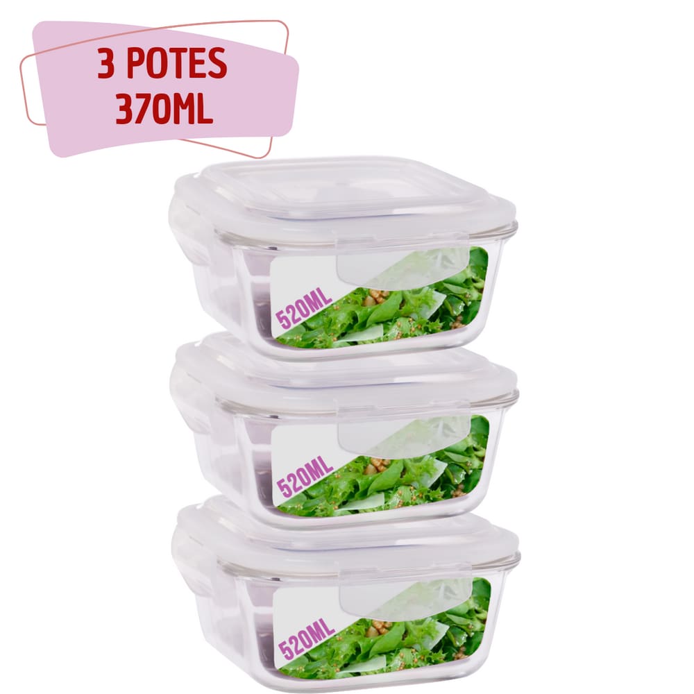 3 Pote Hermetico Quadrado Vidro Tampa Silicone 4 Trava 520ml