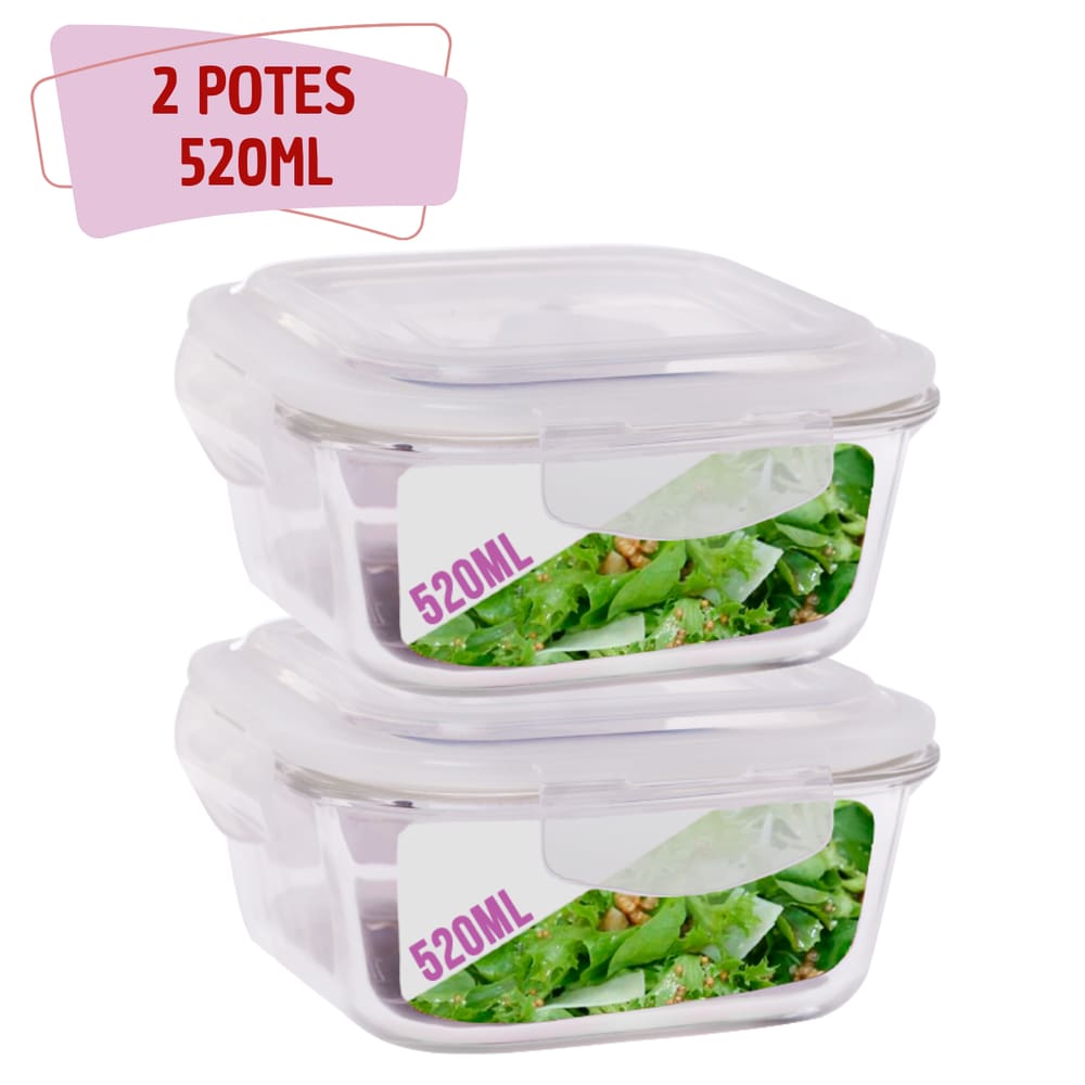 2 Pote Hermetico Quadrado Vidro Tampa Silicone 4 Trava 520ml
