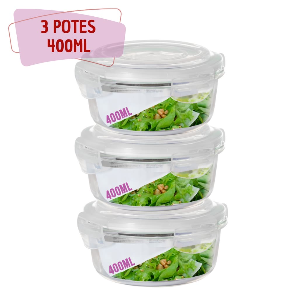 Kit 3 Pote Tampa Hermetica 400ml Redondo de Vidro Multiuso