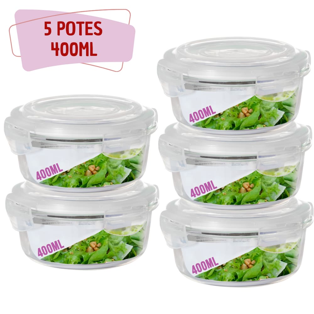 Kit 5 Pote Tampa Hermetica 400ml Redondo de Vidro Multiuso