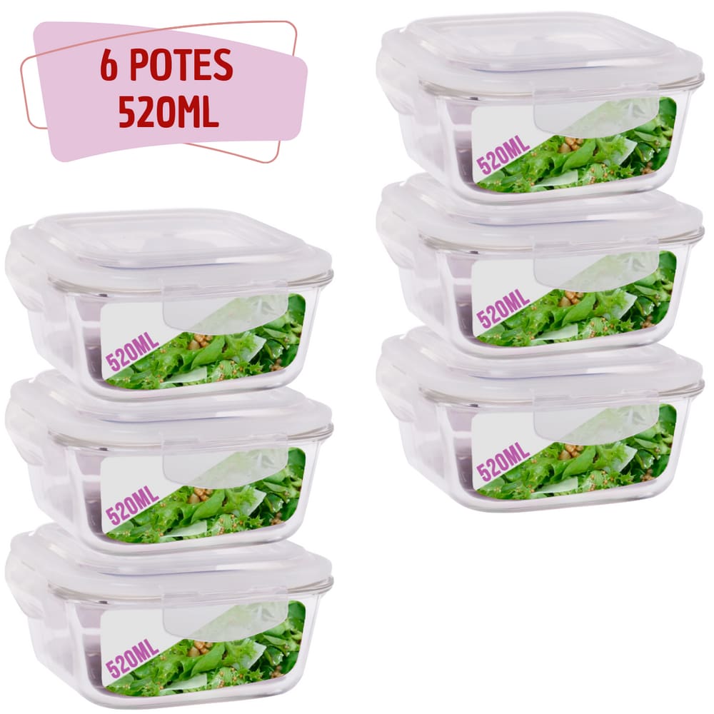 6 Pote Hermetico Quadrado Vidro Tampa Silicone 4 Trava 520ml