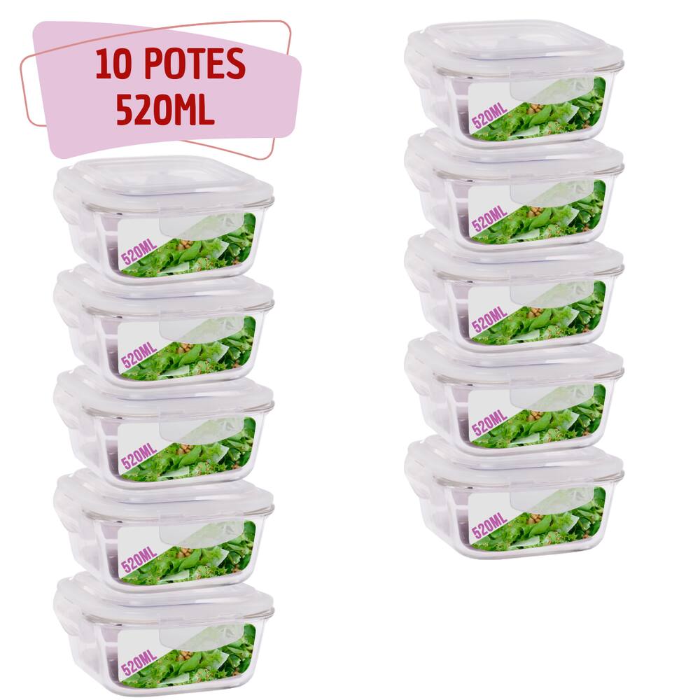 10 Pote Hermetico Quadrado Vidro Tampa Silicone 4 Trava 520ml