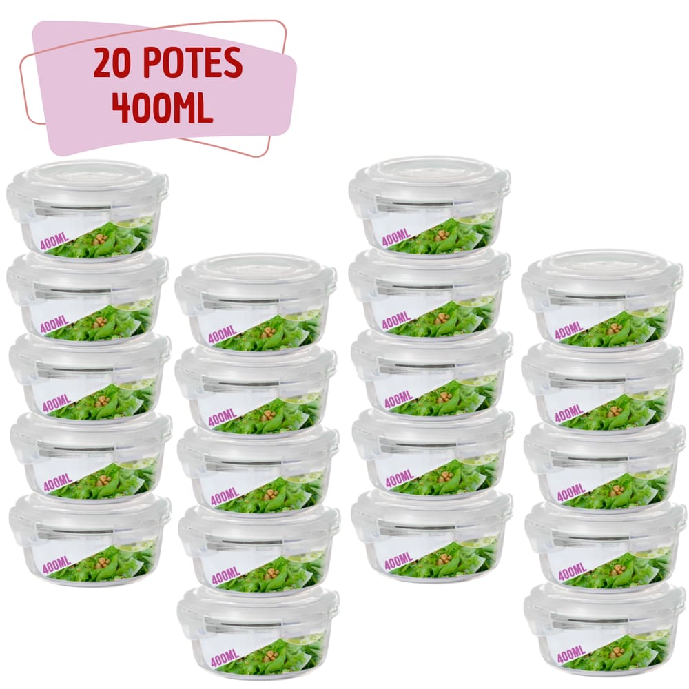 Kit 20 Pote Tampa Hermetica 400ml Redondo de Vidro Multiuso