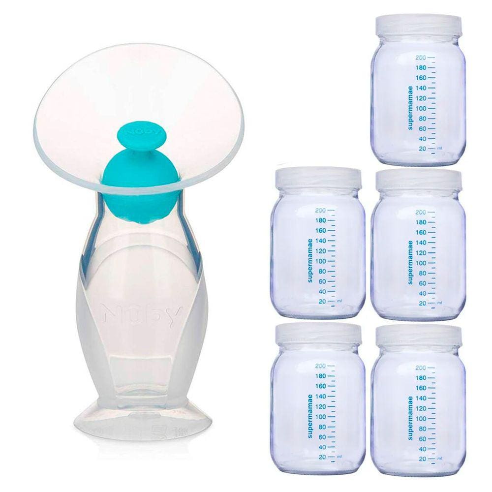 Coletor e Extrator de leite Nuby + 5 Potes de Vidro para Armazenar leite materno 200ml