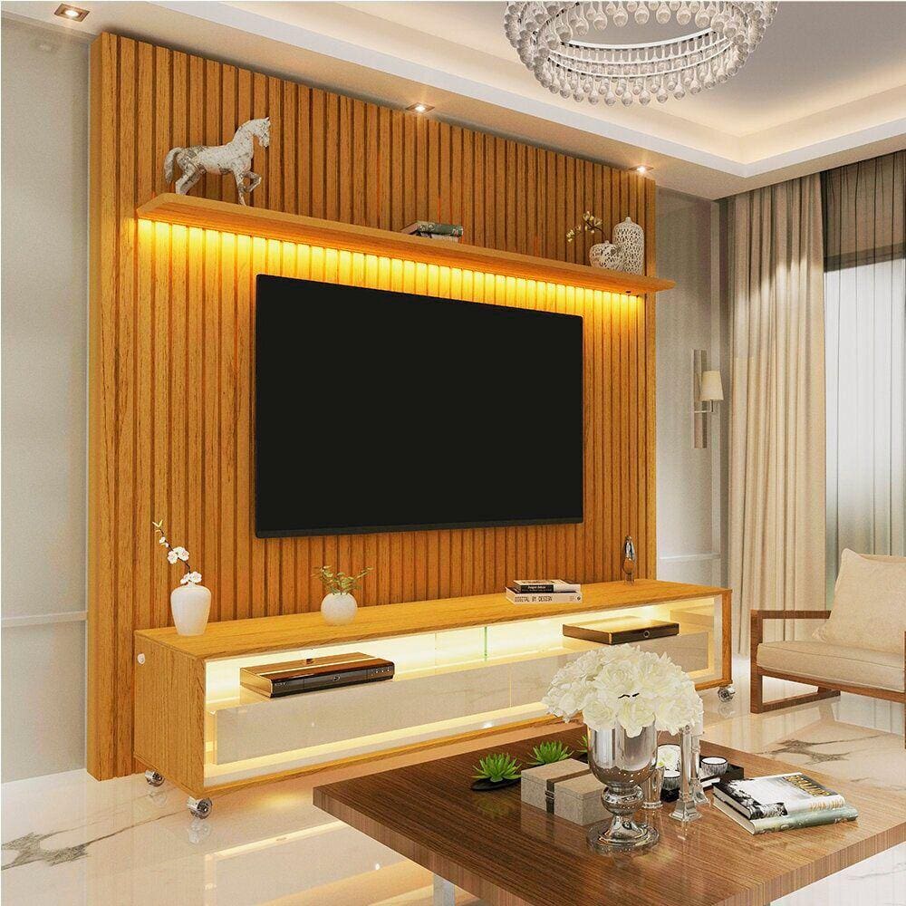 Painel e Rack Ripado com LED e Rodízio Nobre 185 Naturale Off White - Gelius