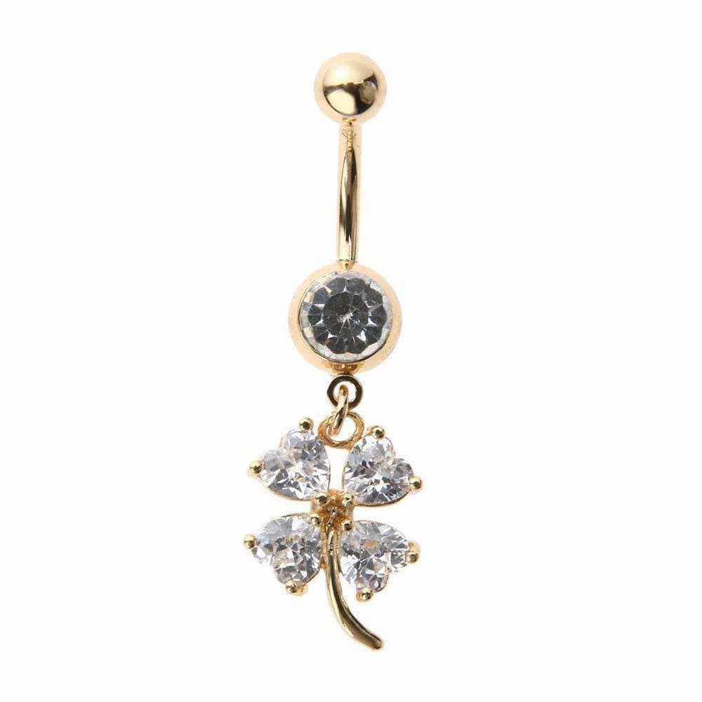 Piercing De Umbigo Dourado Flor Pendura Ouro Flor Trevo