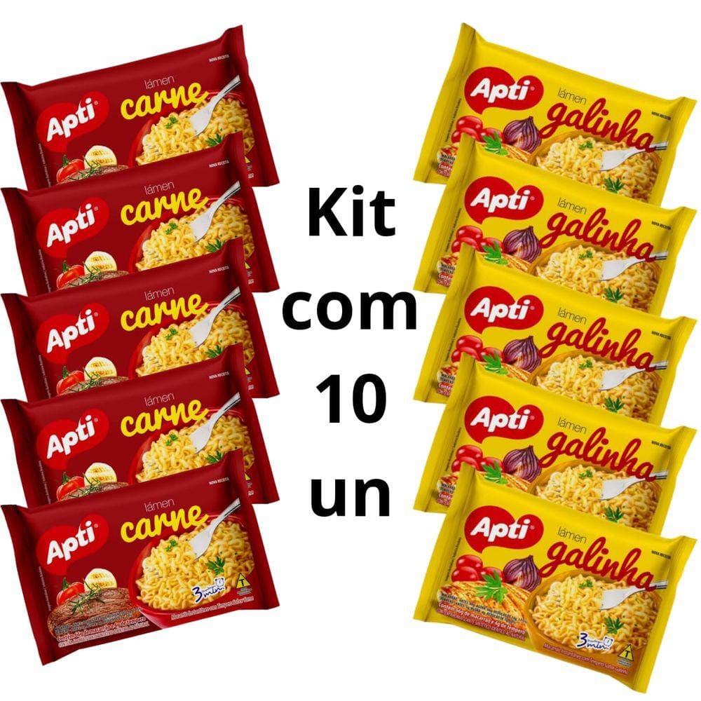 Kit 5 Macarrão Instantâneo Carne APTI 70g cada + 5 Macarrão Instantâneo Galinha APTI 70g cada