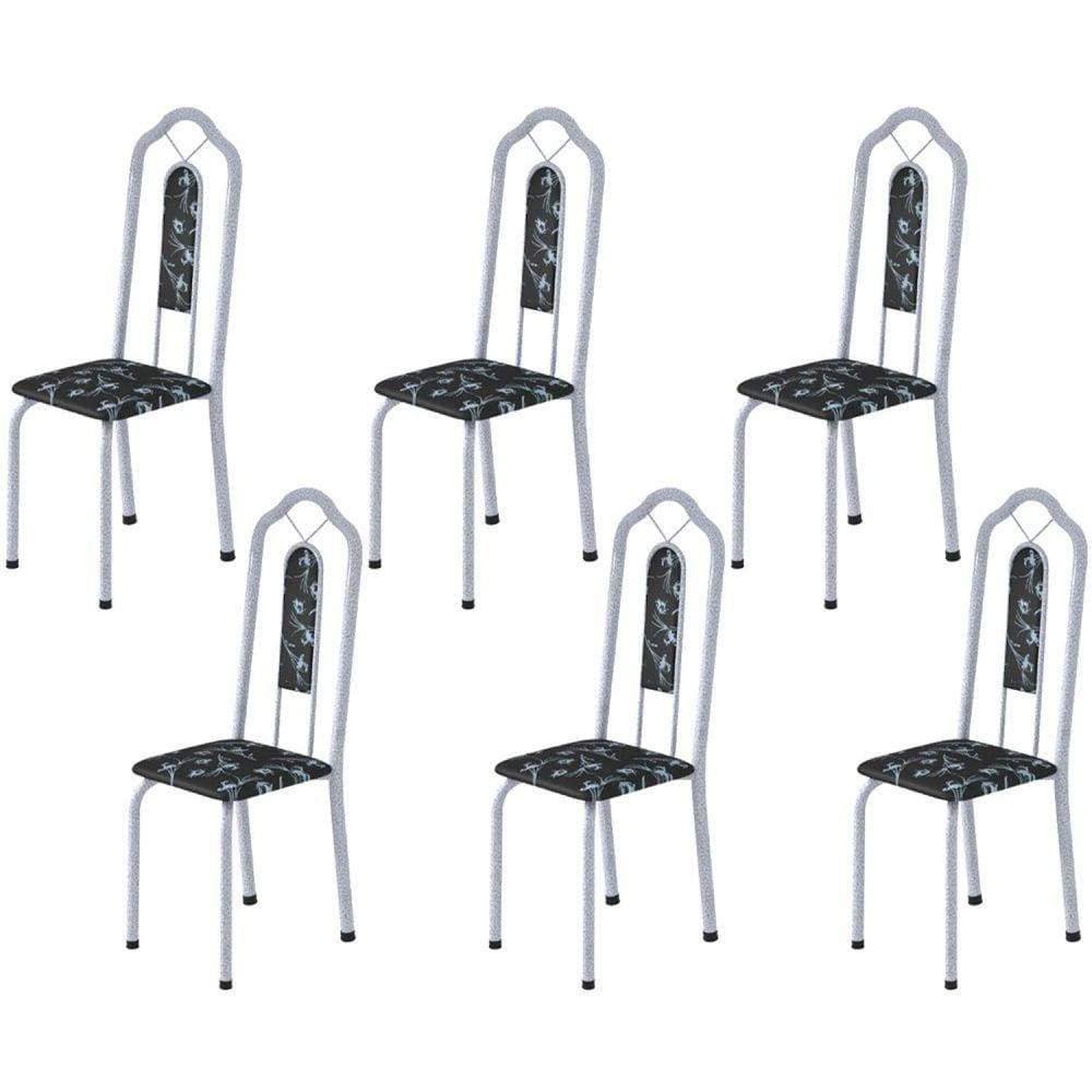 Kit 6 Cadeiras Tubular Bianca Soma Móveis Martelado Pérola/Preto Floral
