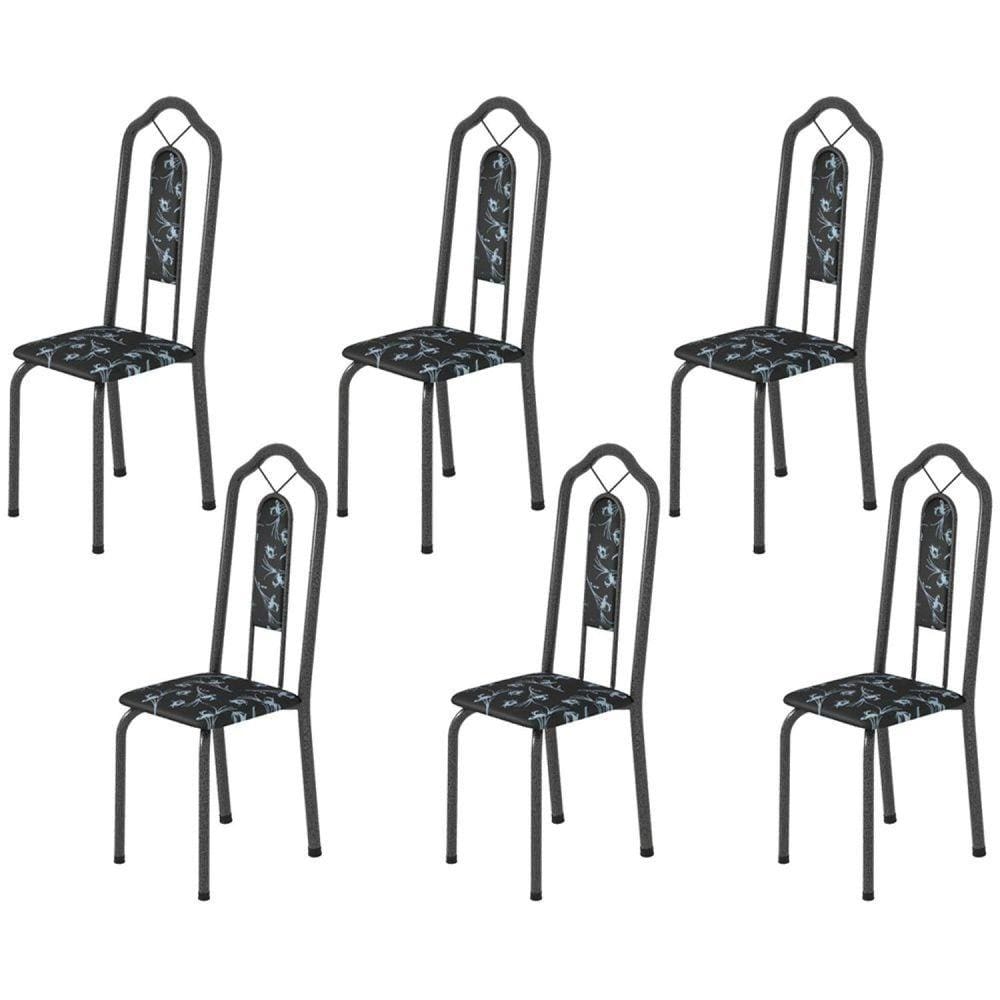 Kit 6 Cadeiras Tubular Bianca Soma Móveis Martelado Prata/Preto floral